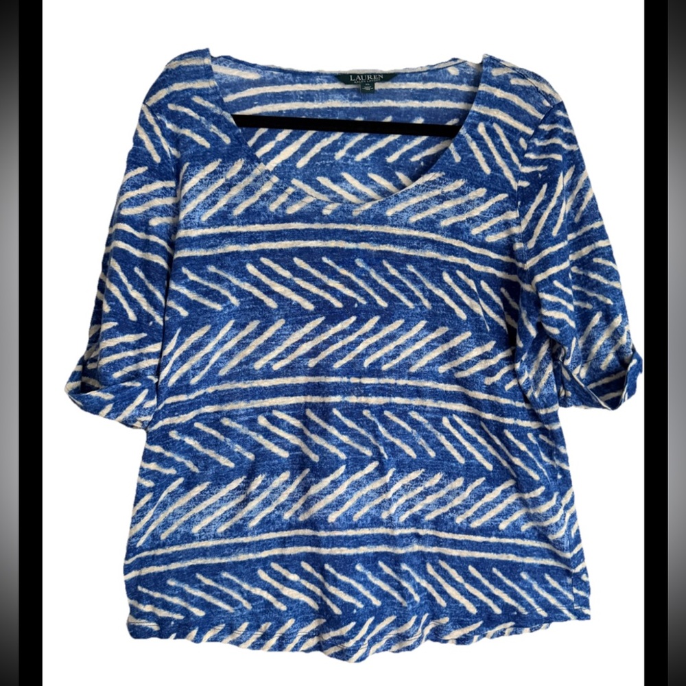 LAUREN RALPH LAUREN Blue White Batik Linen Roll Tab Sleeve Sz XL